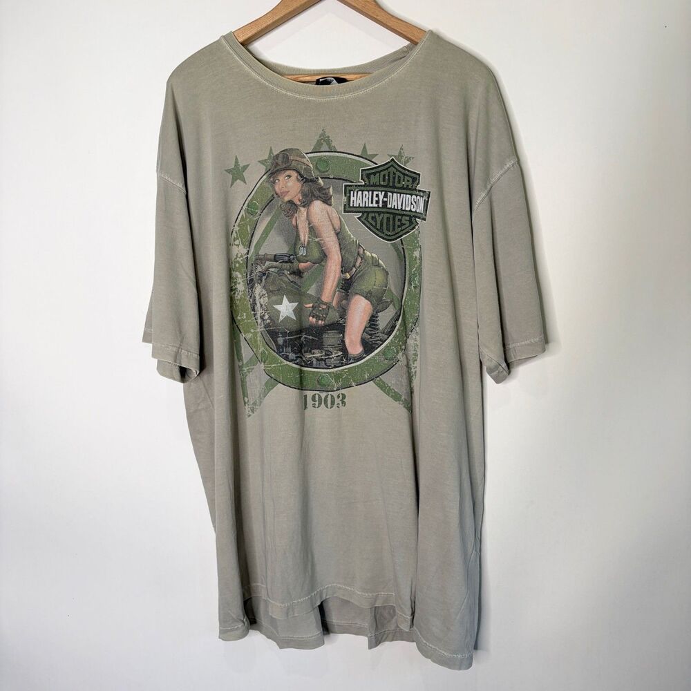 Harley Davidson Graphic T-Shirt Army Pinup Girl Soldier Green Distressed Men XL